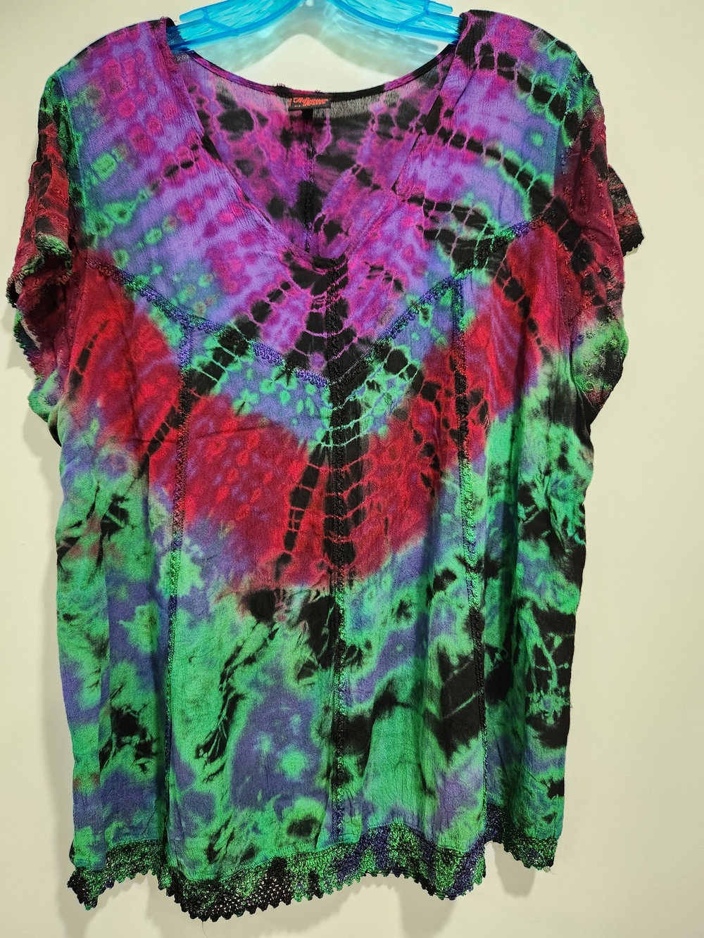 Advance Apparels Tie-Dye V-Neck Top in Purple, Green & Red